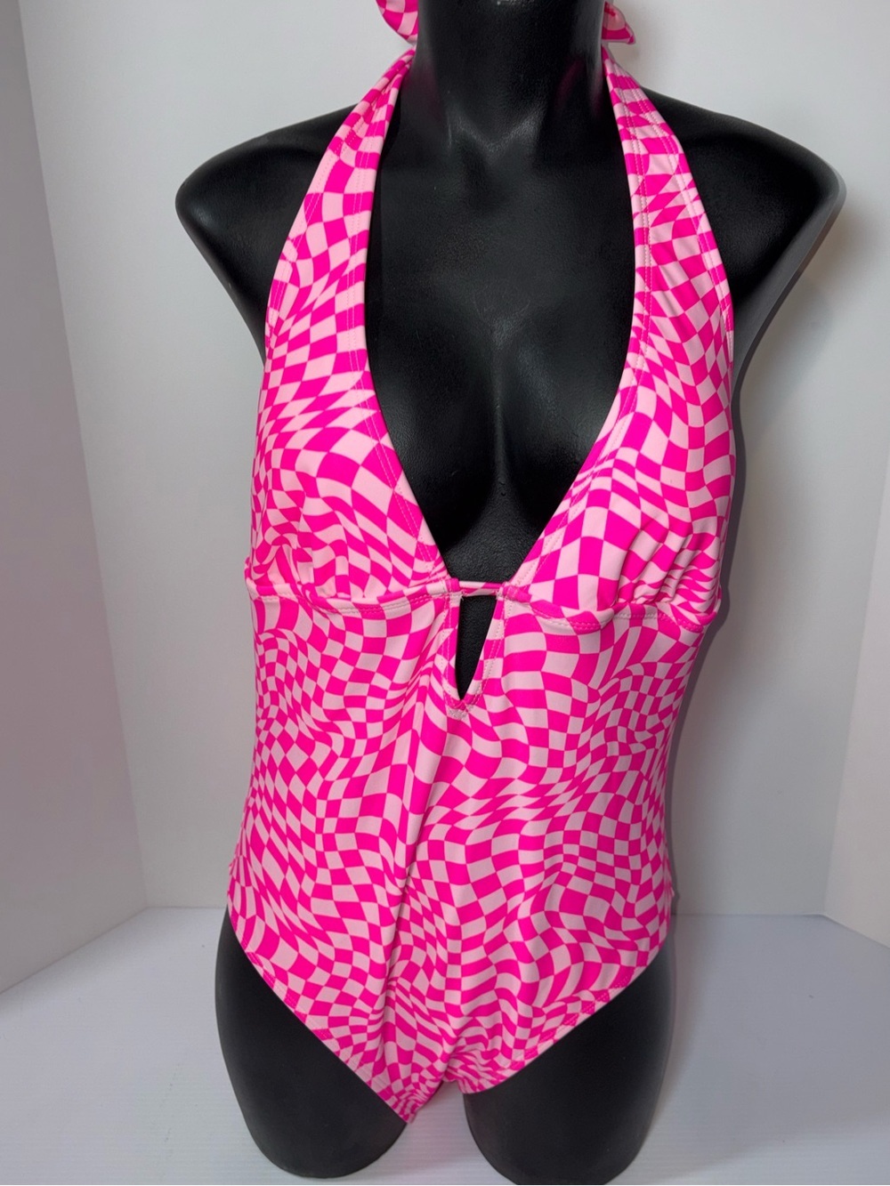 NOBO Hot Pink Checker Halter One-Piece Swimsuit